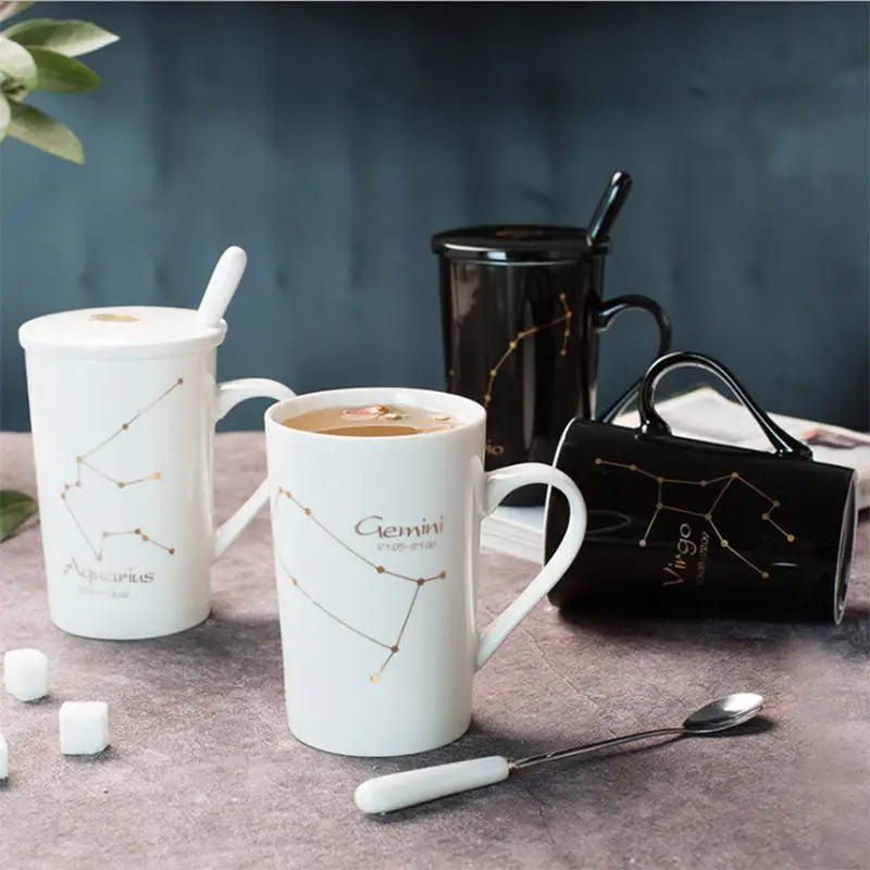 

Ceramic Mugs 12 Constellations Creative Mugs with Spoon Lid Black and Gold Porcelain Zodiac Milk Coffee Cup Drinkware