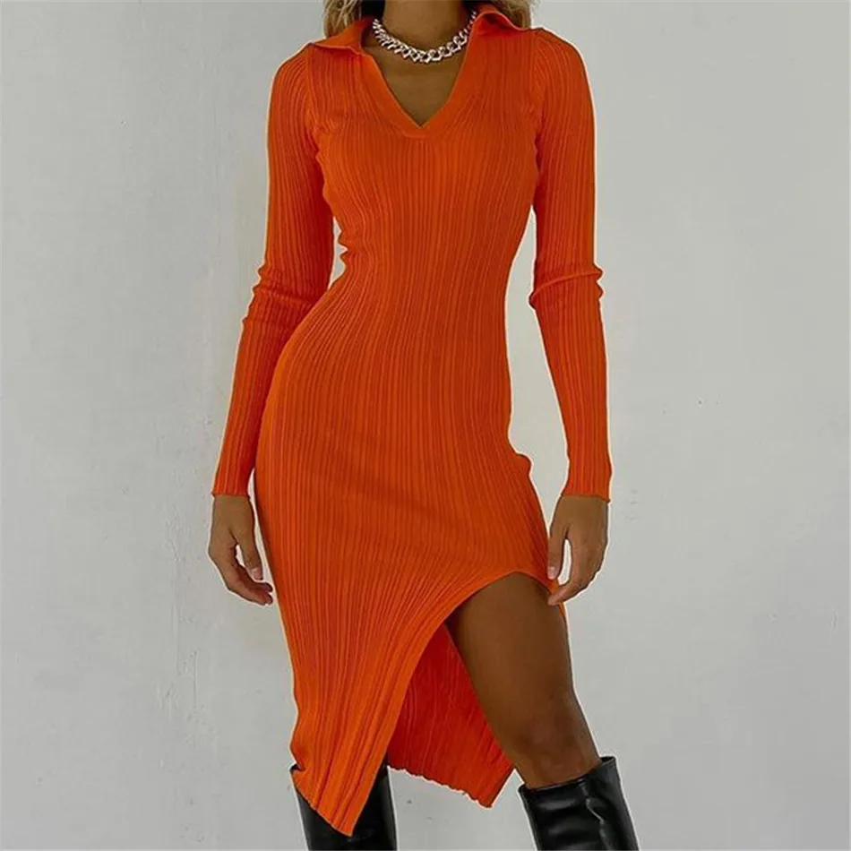 

Женское офисное платье-поло с длинным рукавом, однотонное трикотажное привлекательное оранжевое праздвечерние чное платье средней длины с...