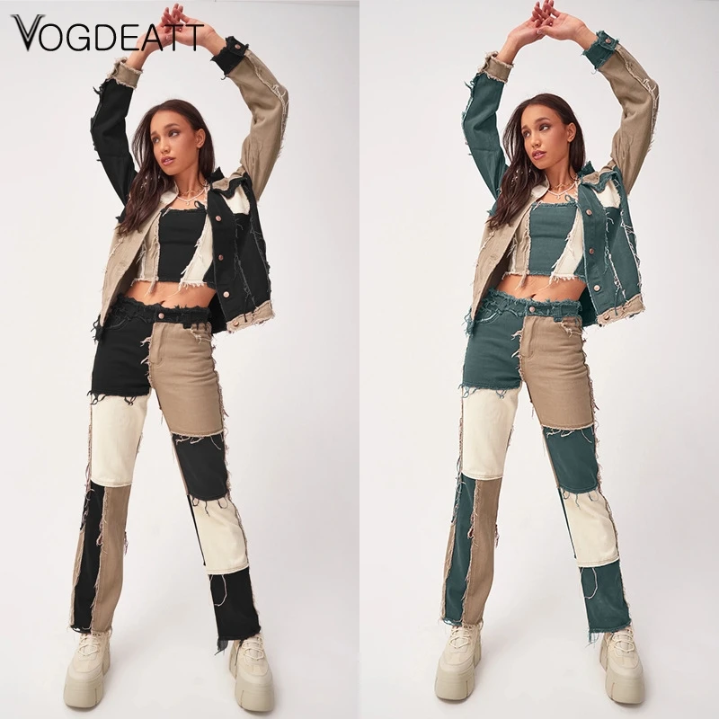 

Women's Patchwork Pants Hight Waist Distressed Straight Denim Jeans Fashion A-line Vintage Pencil Trousers New
