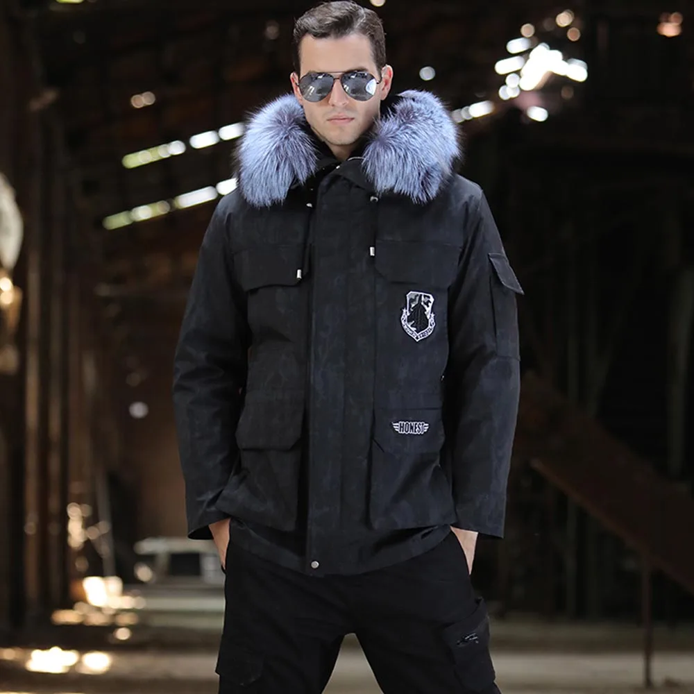 69147 Black Camou SANI камуфляжные меховые парки подкладка из кроличьего меха натуральная черно-бурая лиса мех с капюшоном натуральный мех одежда мужская зимняя теплая меховая куртка - Цвет: 69147 Black Camou
