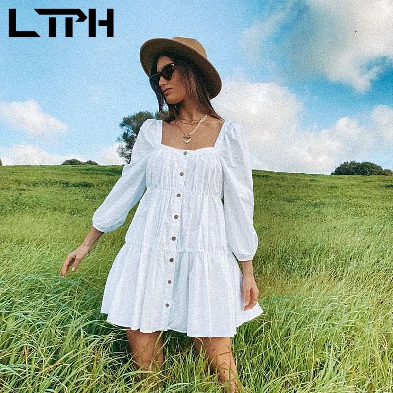 

LTPH sweet white poplin dress women vintage puff sleeve Single breasted ruffles elegant big hem A-line dresses 2021 summer new