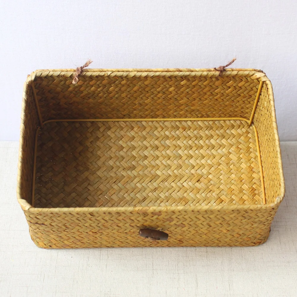 

Seaweed With Button Woven Basket Straw Woven Debris Desktop Storage Box Hand-woven Storage Basket Clothing Storage Basket