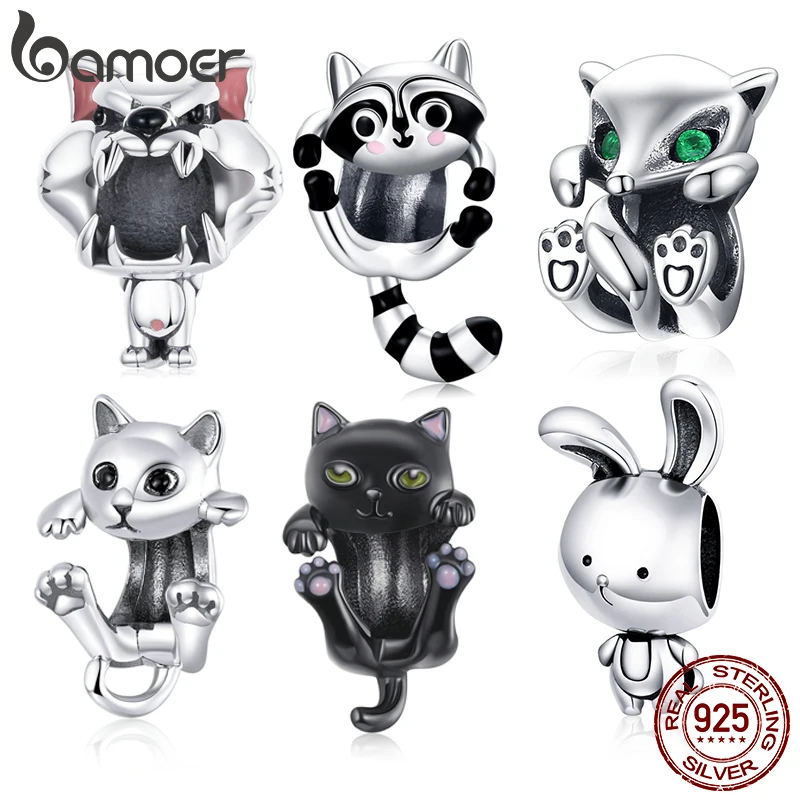 

bamoer Authentic 925 Sterling Silver Cute Cat Kitty Animal Beads Charm for Original 3mm Bracelet Bangle Girl Gifts BSC208