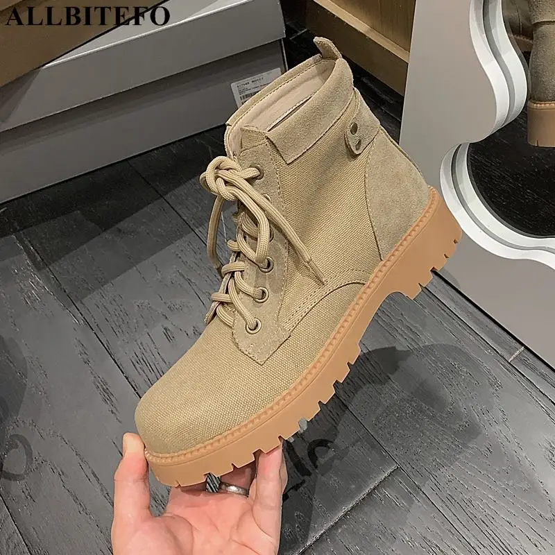 

ALLBITEFO Size 33-40 Soft Sole Cross Tied Canvas + Sheepskin High Heel Shoes Boots Autumn Street Fashion Girls Women Boots