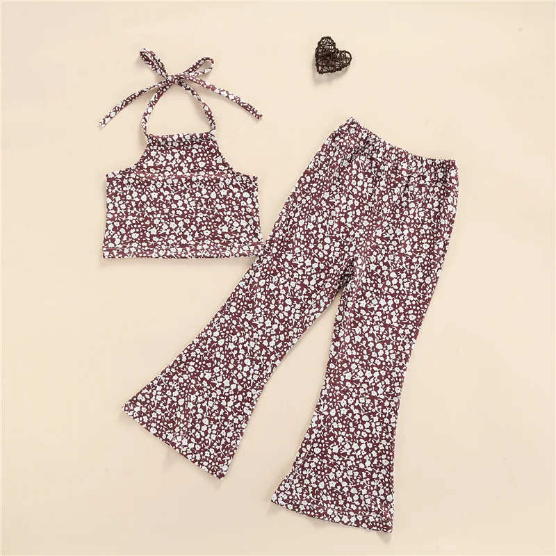 

2021 2Pcs Toddler Girl Summer Outfits, Sleeveless Floral Print Halter Crop Tops + Flare Pants Set,1-6Years