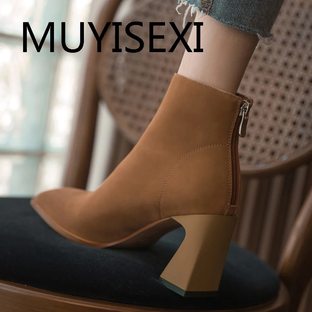 

Street ankle boot classic big size genuine leather 7cm high heel square toe zip lady warm modern catwalk elegant DONQ24 MUYISEXI