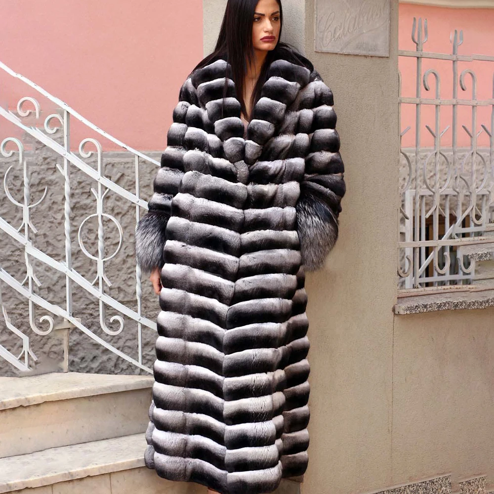 130cm Long Real Rex Rabbit Fur Coat Turn-down Collar Woman Natural Genuine Rex Rabbit Fur Coats With Silver Fox Fur Sleeve Cuffs