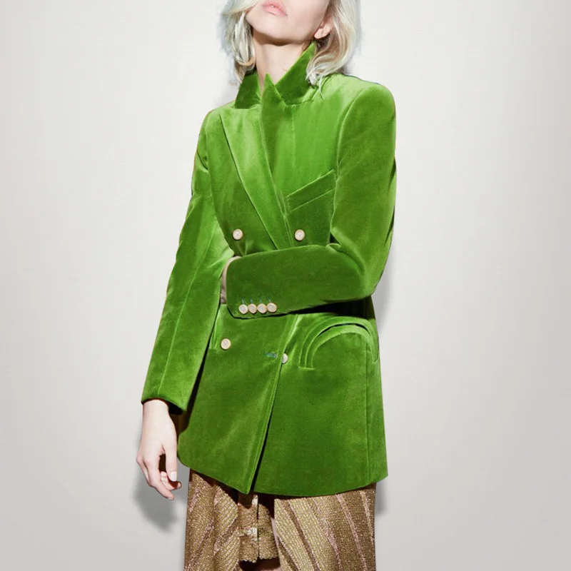 2019 Autumn New Avocado Green Blazer Women Long Sleeve Turn Down Collar Double Breasted Casual Female Velvet Coat | Женская одежда