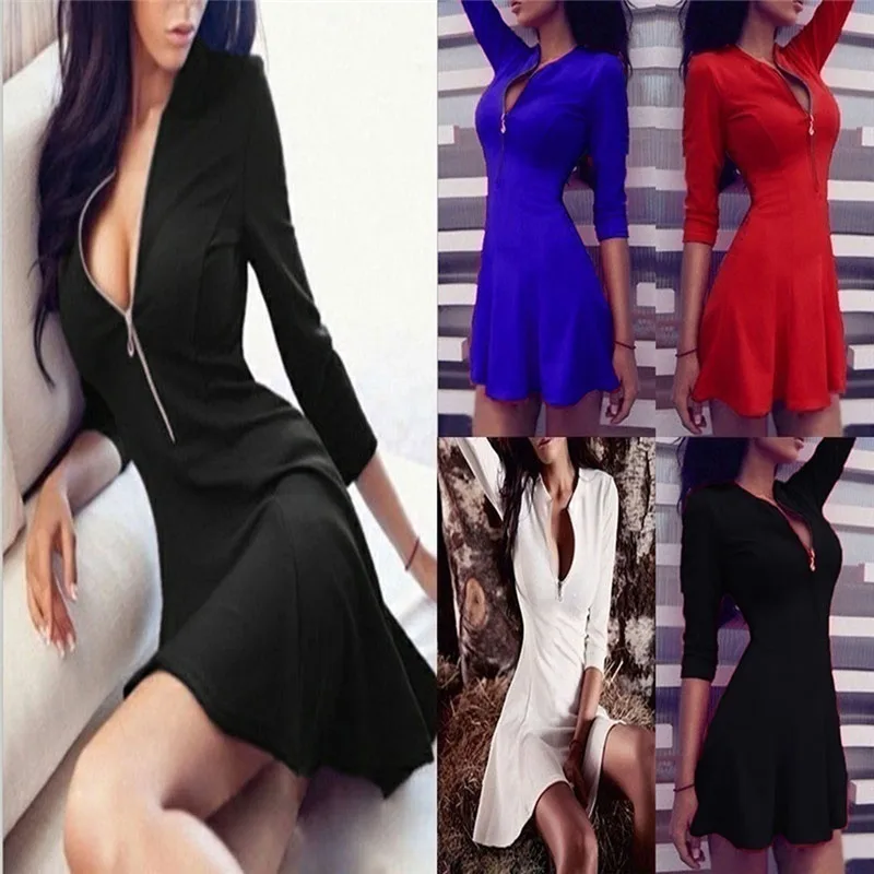 

2021 Spring Autumn Fashion Women Bust Zippers Dress Solid Pleated V-neck Sexy Ladies Dresses Evening Party Bodycon Mini Vestidos