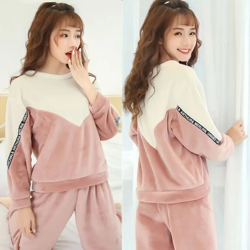 

Fall and Winter Pajama Flannel Women Coral Fleece Pajamas Korean Sports and Leisure Two-piece Suit Thickened Can Be Worn At Home