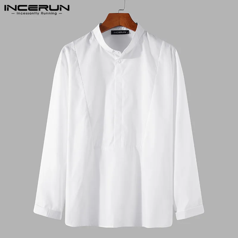 

INCERUN 2021 Men Casual Shirt Brand Streetwear Solid Color Stand Collar Long Sleeve Blouse Chic Leisure Camisas Men Clothing 5XL