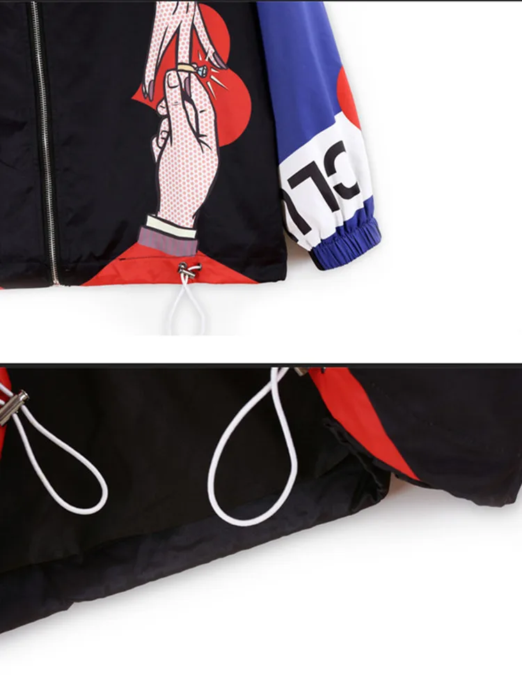 

zipper Cartoon Hooded outerwear Oversized loose hip hop tops coat Patchwork spring autumn jacket women streetwear women jacket