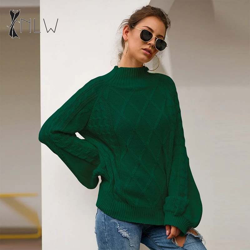 NLW Turtleneck Black Sweater Women Winter Oversized Knitted Sweater Jumper Fall Casual Lantern Sleeve Vintage Sueter Mujer