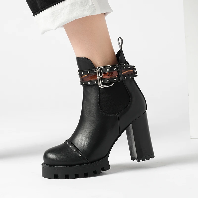 Женские ботильоны из натуральной кожи черные ботинки на высоком блочном каблуке