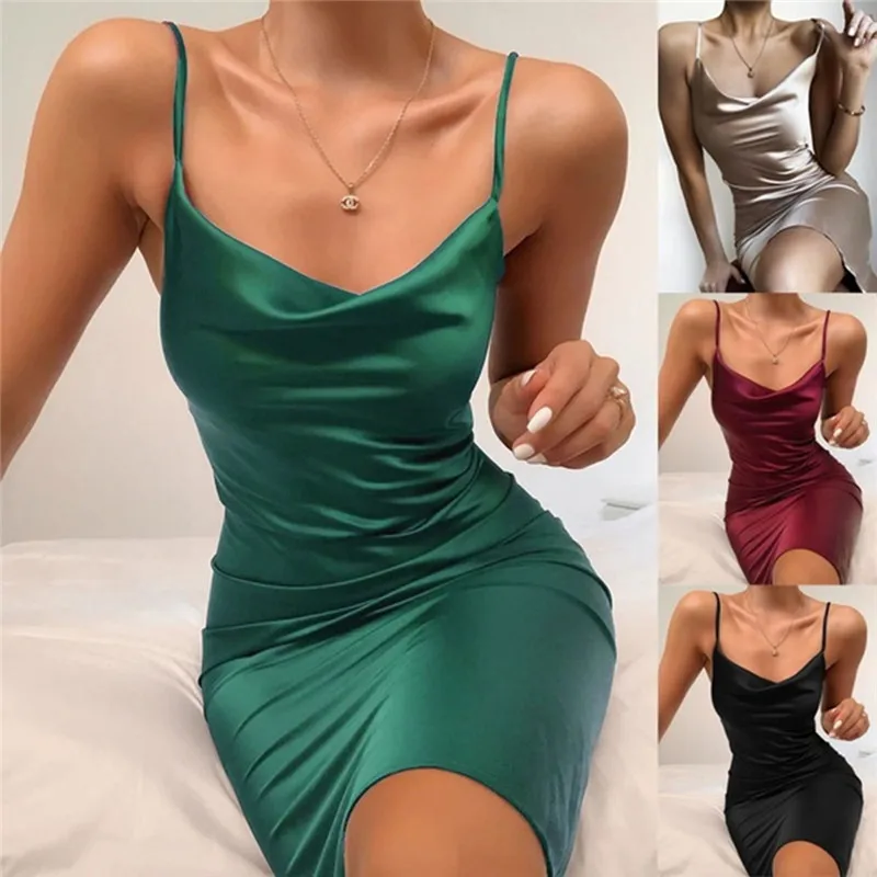 

2021 Summer Satin Dress Women Bodycon Mini Dress Sleeveless Backless Slim Elegant Party Outfits Sexy Club Clothes