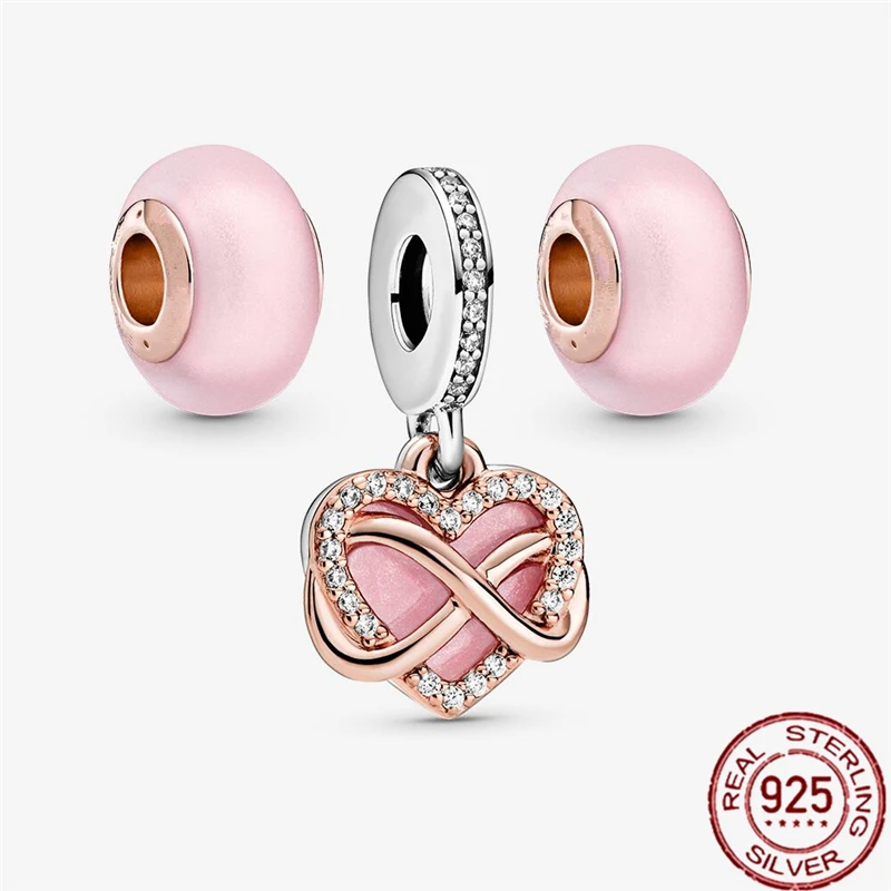 

925 sterling silver Matte Pink Infinity Heart Pendant Murano Glass Charm Set Fit Pandora Bracelet DIY fine jewelry gift for wome