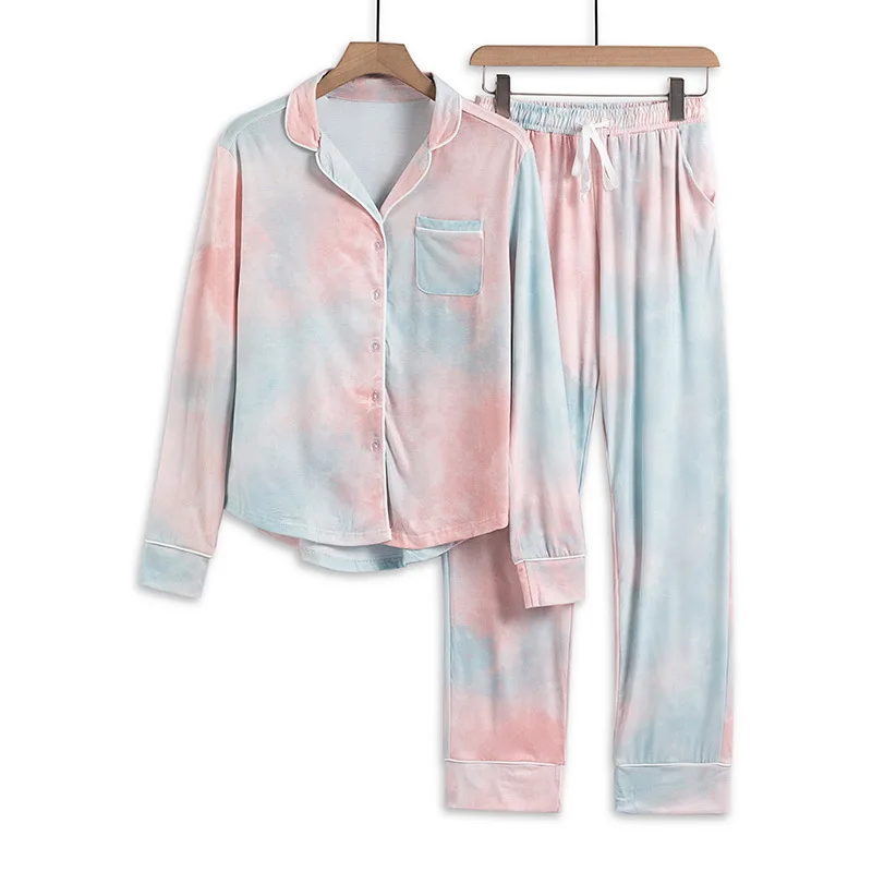 horswula Tie-dye Women's Pajamas Casual Knitted Sleepwear Long Sleeved Trouser Suits Winter Ladies Nightgown Home Clothes Set