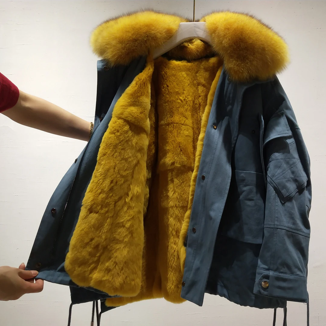

parka real fur women coat winter2021 natural real rex rabbit fur lining outerwear with genuine fox fur collar plus size clothing