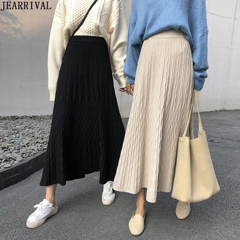 2019 зимняя женская трикотажная миди юбка в Корейском стиле однотонная Теплая с