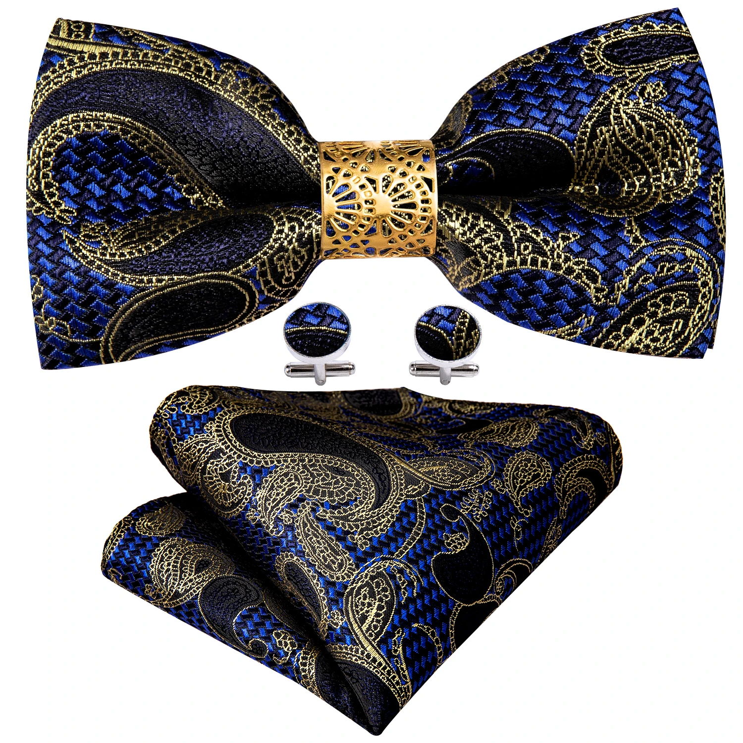 

Gold Floral Silk Pre-Bow Tie For Men Wedding Accessorie Adjustable Butterfly Handky Removable Gold Ring Set Barry.Wang W-841