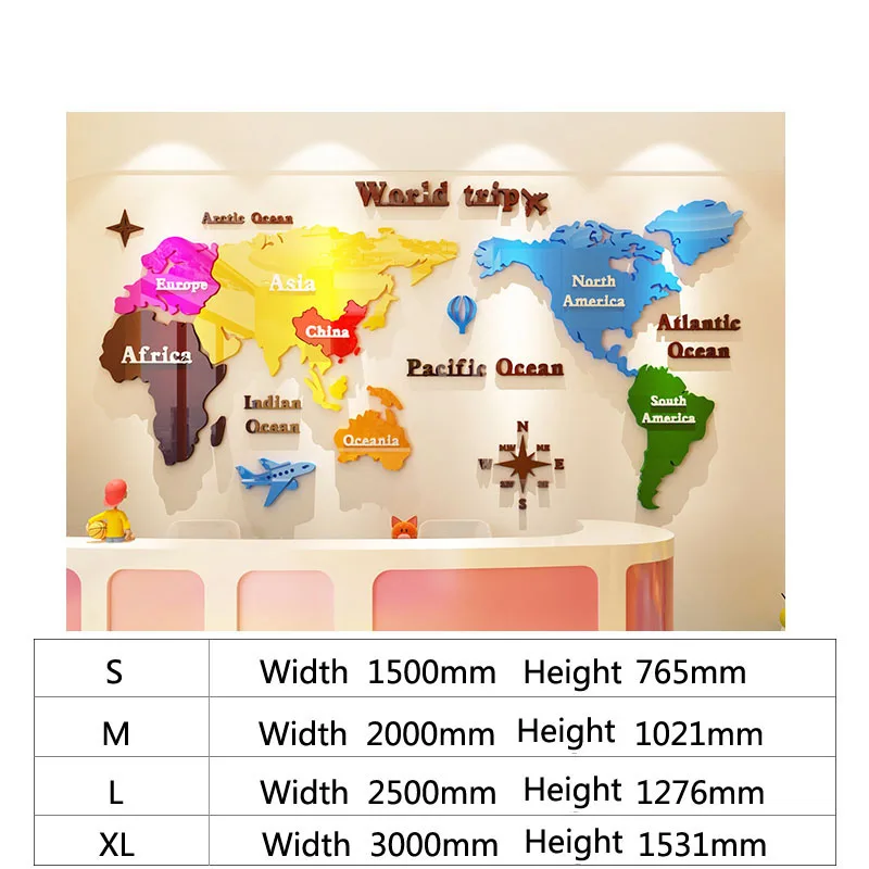 Карта мира искусственные акриловые обои украшения офисной компании 3D-наклейки