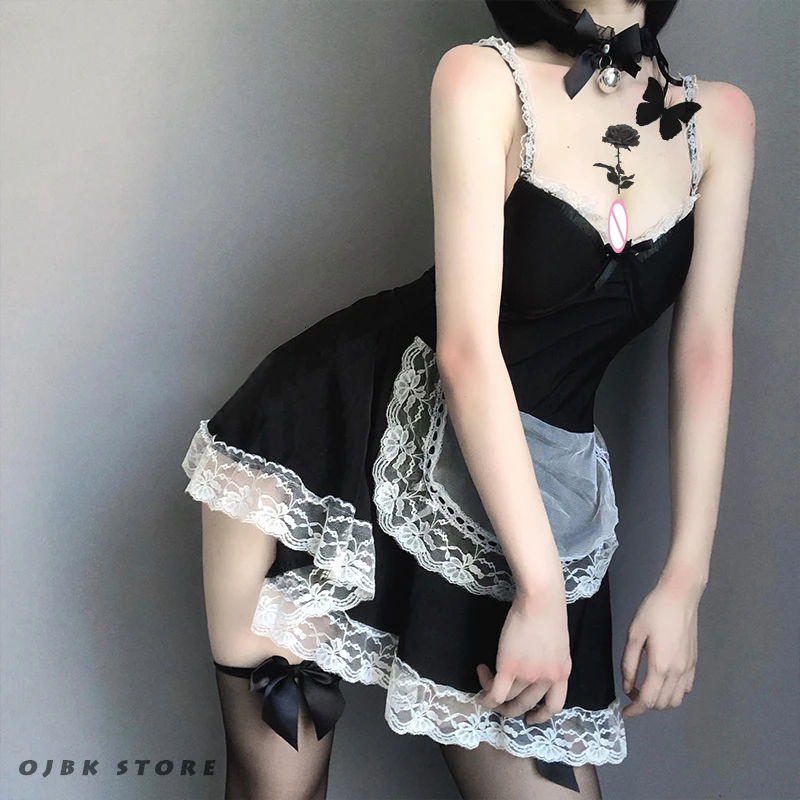 

Sexy French Maid Cosplay Costumes Short Mini Lace Dress With Headband Gothic Dark Color Style Role Play Lingerie For Couple