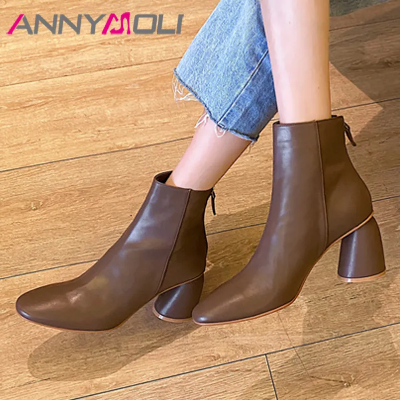 

ANNYMOLI Short Boots Women Shoes Genuine Leather High Heel Ankle Boots Zipper Thick Heels Boots Female Autumn Winter Beige 40