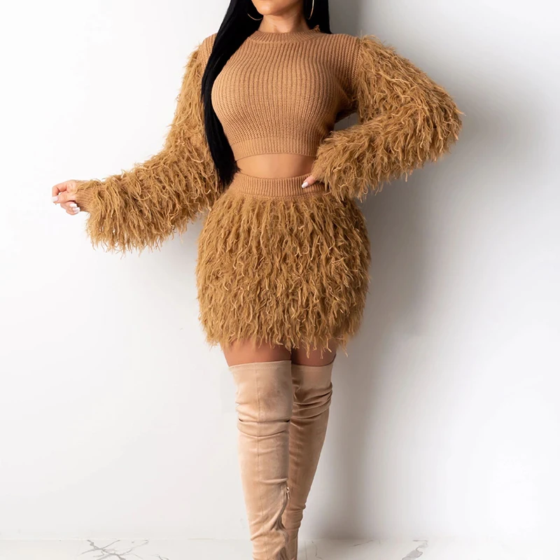 Зимний свитер с бахромой шерстяной костюм из 2 предметов юбка длинным рукавом