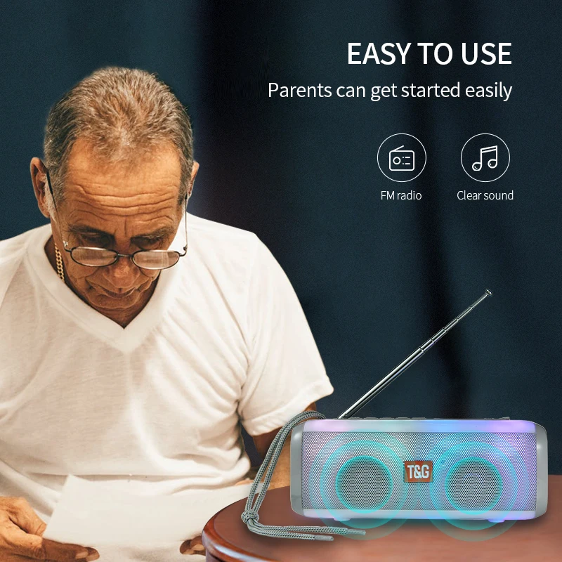 

TG144 Bluetooth Speaker & FM Raido Cool LED Light Portable Wireless Column With Adjustable Antenna Strong Signal FM Loudspeaker