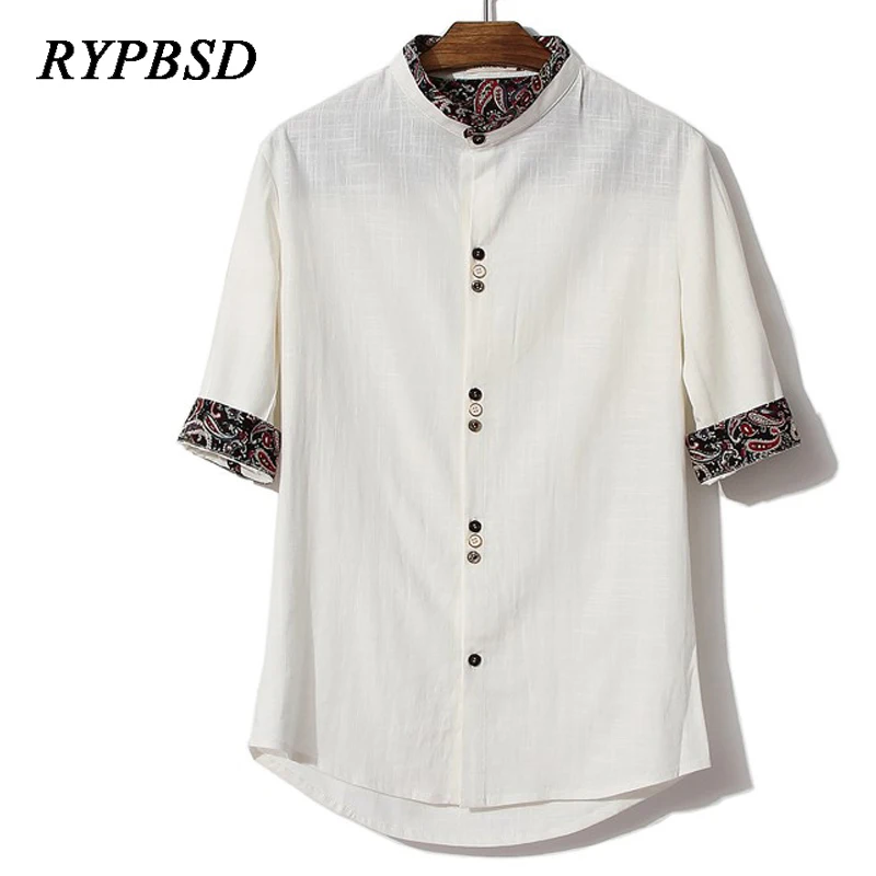 Рубашка Мужская льняная с воротником стойкой модная сорочка из хлопка и льна в