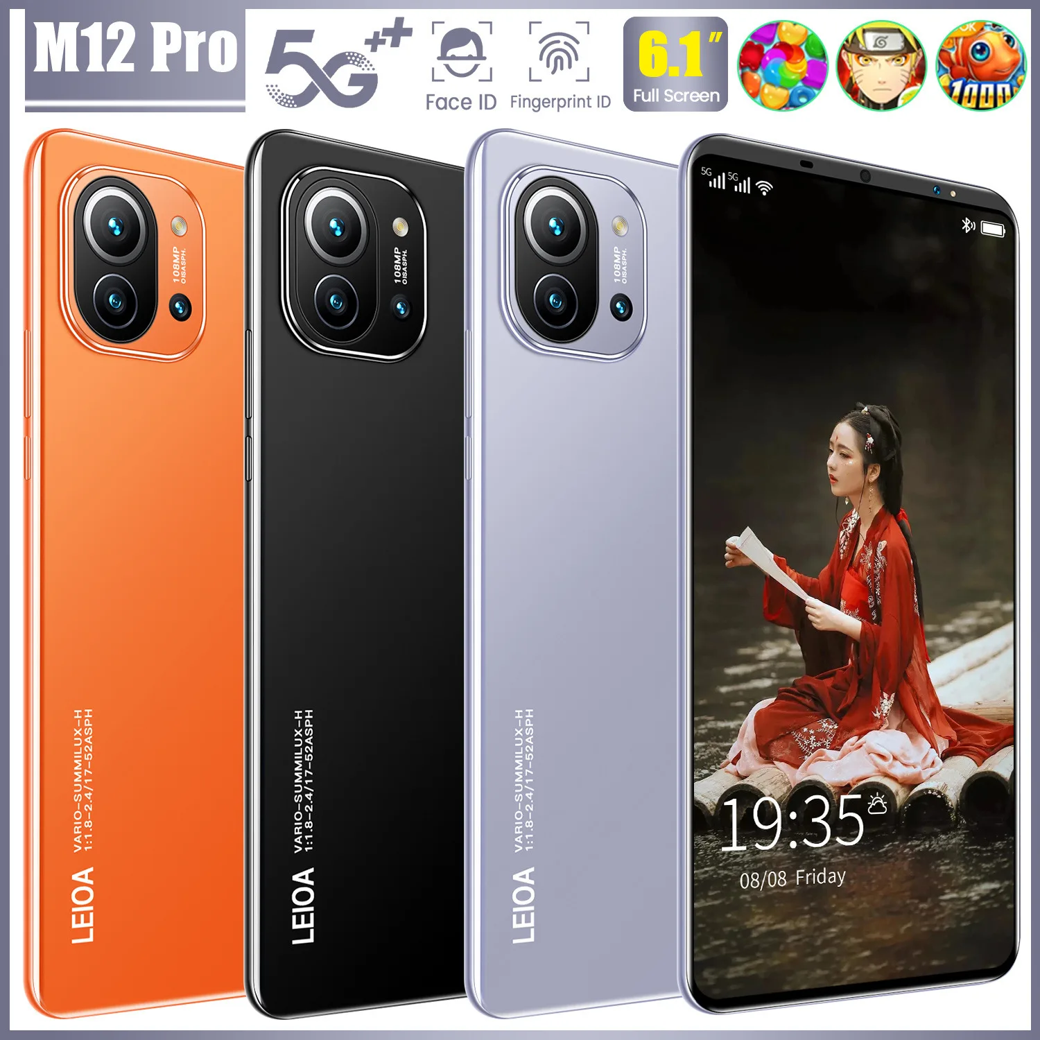 

2021New Global Version M12Pro 6.1inch Smart Phone 8+128GB Face/Fingerpint ID Cellphone 24+48MP Full Screen Android10 Mobilephone