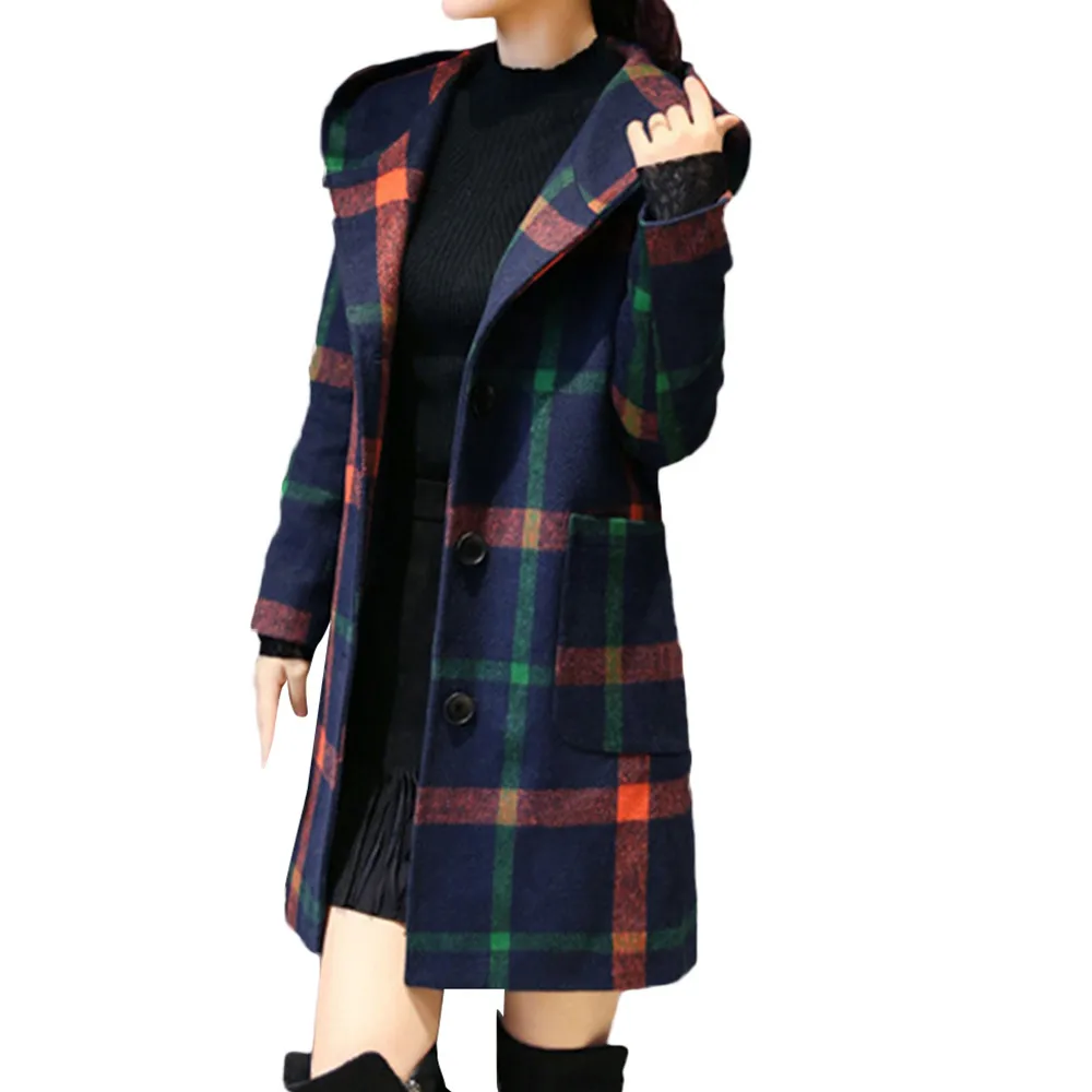 Женская модная куртка с длинным рукавом капюшоном клетчатая на пуговицах