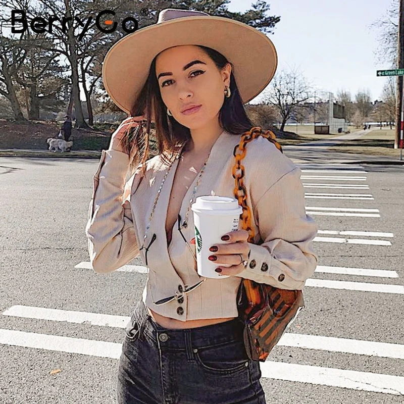 BerryGo Elegant v neck blouse shirt women Long sleeve buttons female short tops shirts Casual streetwear autumn ladies blouses | Женская
