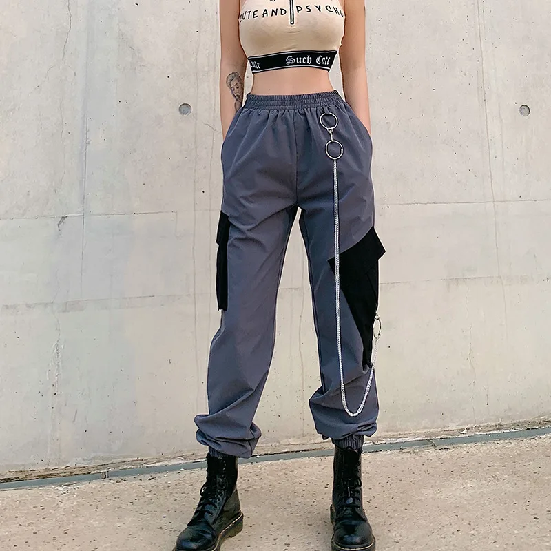 

Cargo Pants Women Patchwork Mid Waist Pants with Chain 2020 Summer Pants Women Joggers Fashion Casual Sweatpants Women