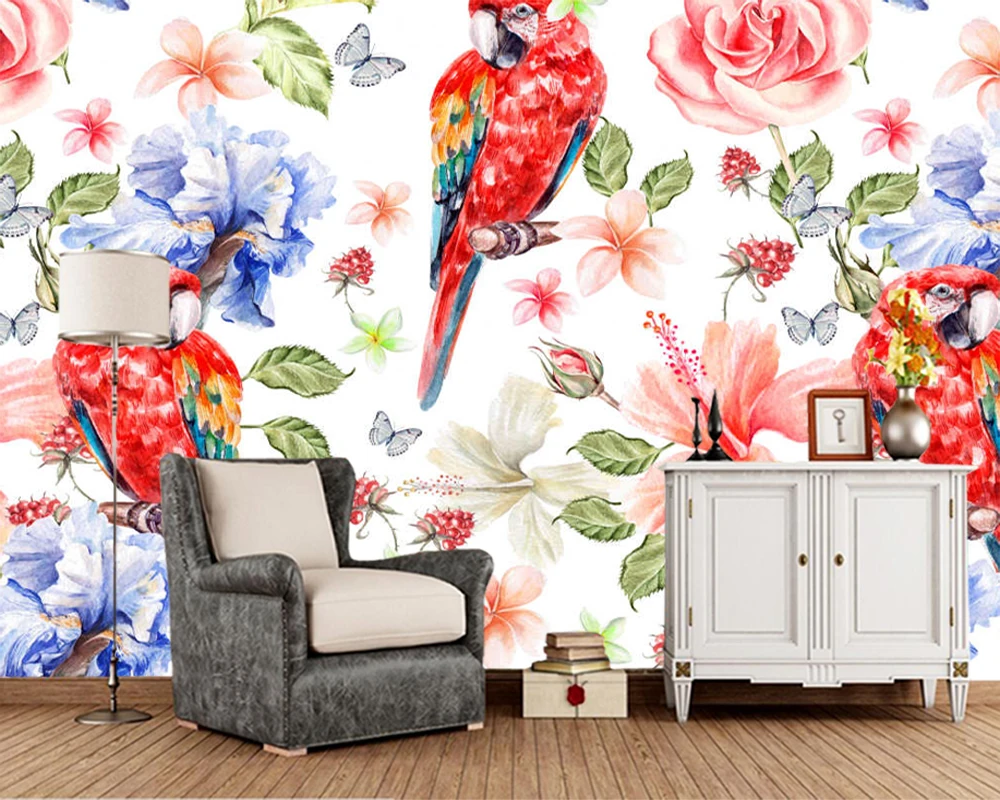 

Papel de parede Flowers and parrot watercolor 3d wallpaper mural,living room sofa TV wall bedroom wall papers home decor