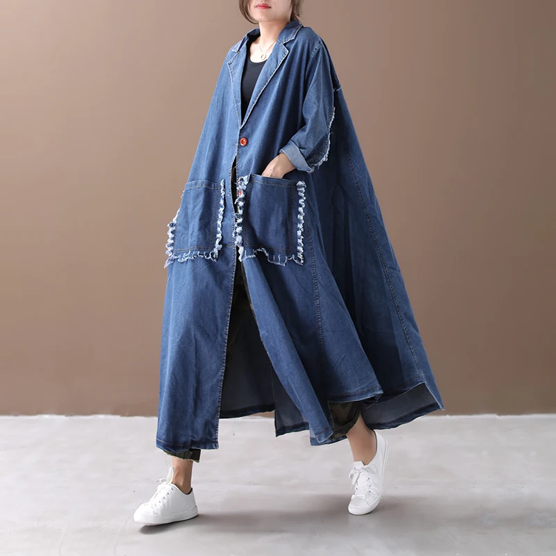blue CHICEVER/Корейская джинсовая женская ветровка с отворотом, с длинными рукавами, с завышенной талией, свободное повседневное пальто, женская мода, новинка - Цвет: blue