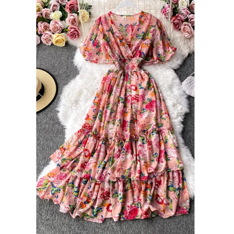 

Summer Trumpet Sleeves Dress Temperament V-neck Floral Dress Bohemian Holiday Big Swing Long Dress Fashion Beach Sundress