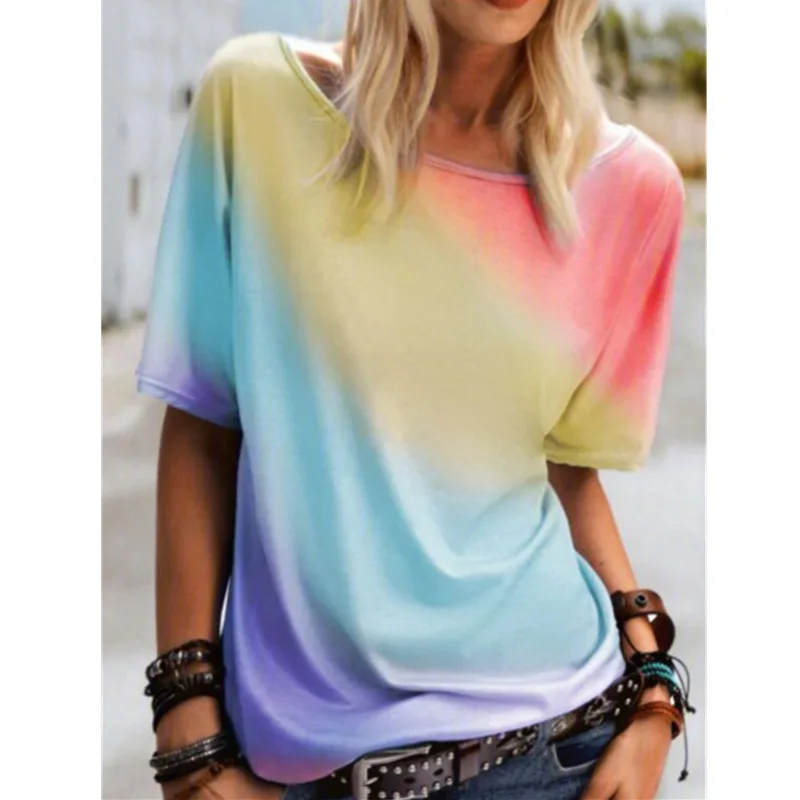 

Womens Summer Casual Short Sleeve T-shirt Tops Fashion Rainbow Tie Dye Printed Loose Pullover Tops O Neck Sport Shirt Blouse