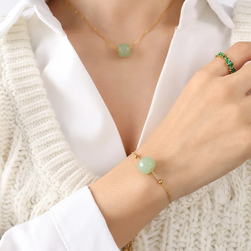 Vintage Green Stone Pendant Necklace Women Neck Chain Jewelry Gold Color Stainless Steel Necklaces Woman Bracelet Accessories | Украшения и