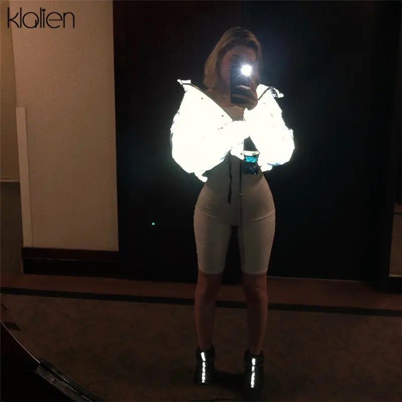 KLALIEN Зимние Модные Светоотражающие короткие Для женщин пальто куртки с высокой талией на молнии fly Карманы Женская Повседневная плотная теплая одежда