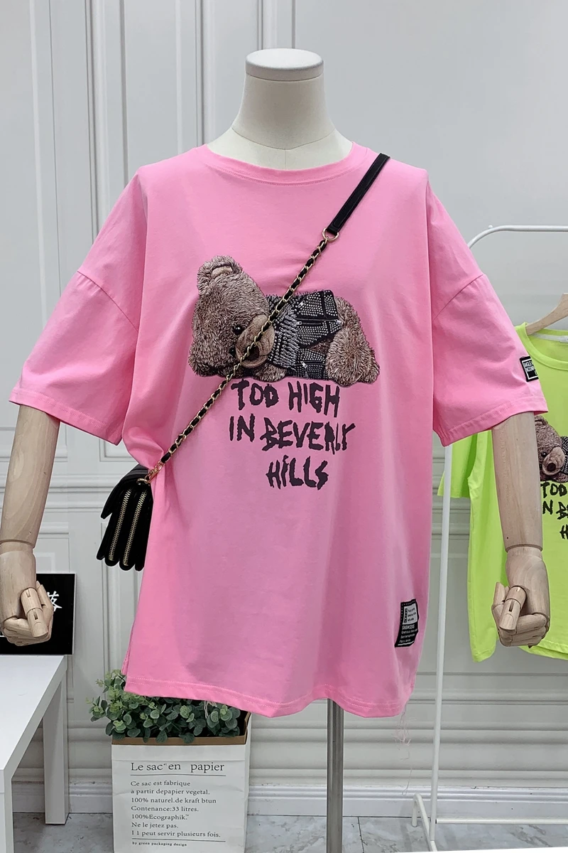 

Bear Short Sleeve T-shirt Women's Large Size Loose Mid-Length Cotton Design Sense Women's Round Neck Half Sleeve Summer Harajuku