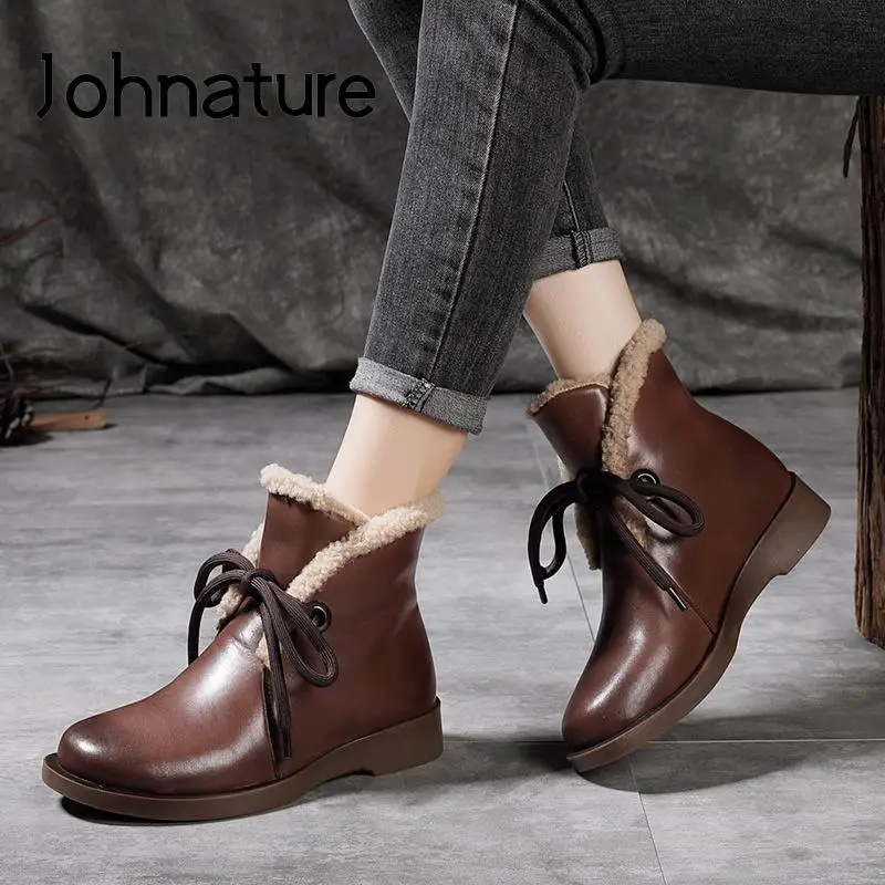 

Женские ботинки из натуральной кожи Johnature, теплые ботинки ручной работы на плоской подошве, с круглым носком, на шнуровке, с плюшевой подклад...