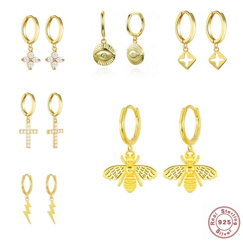 

2021 Real 925 Sterling Silver Pendientes Hanging Hoop Earrings For Women Lightning honeybee Eye Animal Charm Hoop Earring