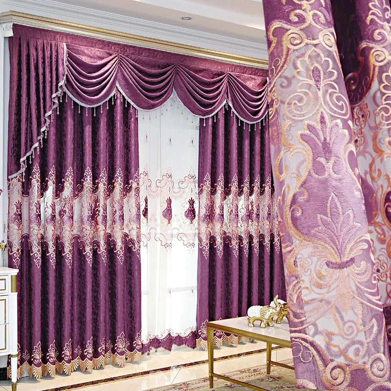 

European Style Curtains for Living Dining Room Bedroom Light Luxury Purple Embroidered Curtains Finished Product Customization