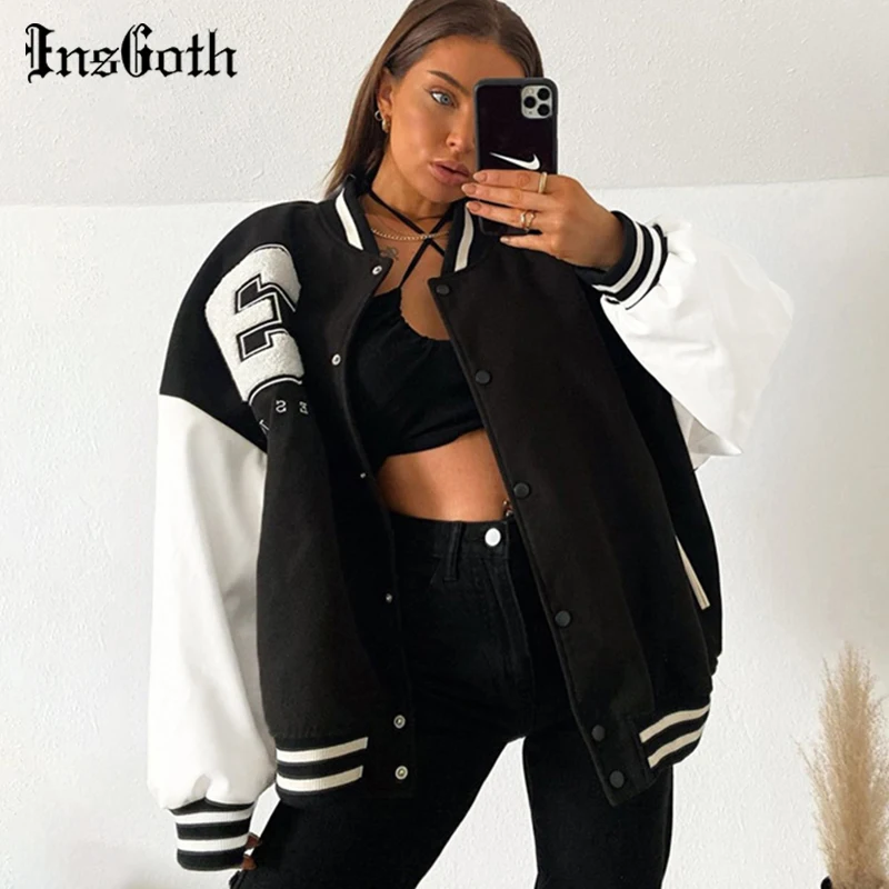 

InsGoth Y2K Goth Letter Print Jacket Harajuku Punk PU Leather Patchwork Oversized Long Sleeve Coat Women Autumn Baseball Uniform
