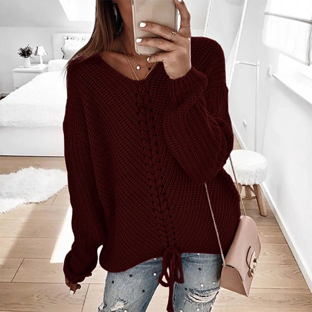 Sweater Womens Lady V-neck Casual Solid Loose Long Sleeve Tops Slim Fit Pullover Jersey Mujer Pull Femme | Женская одежда