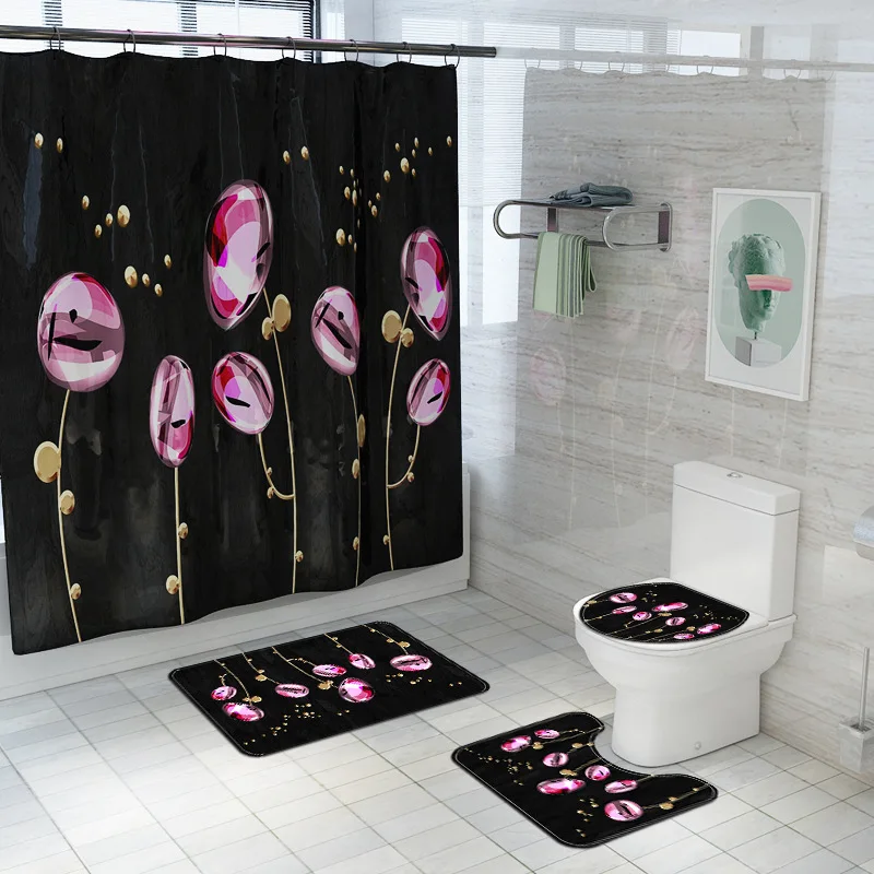 Creative and Colorful Flowers Print Bathroom Curtain Set with Shower Rugs Anti Slip Pedestal Toilet Cover Mat Carpet | Дом и сад