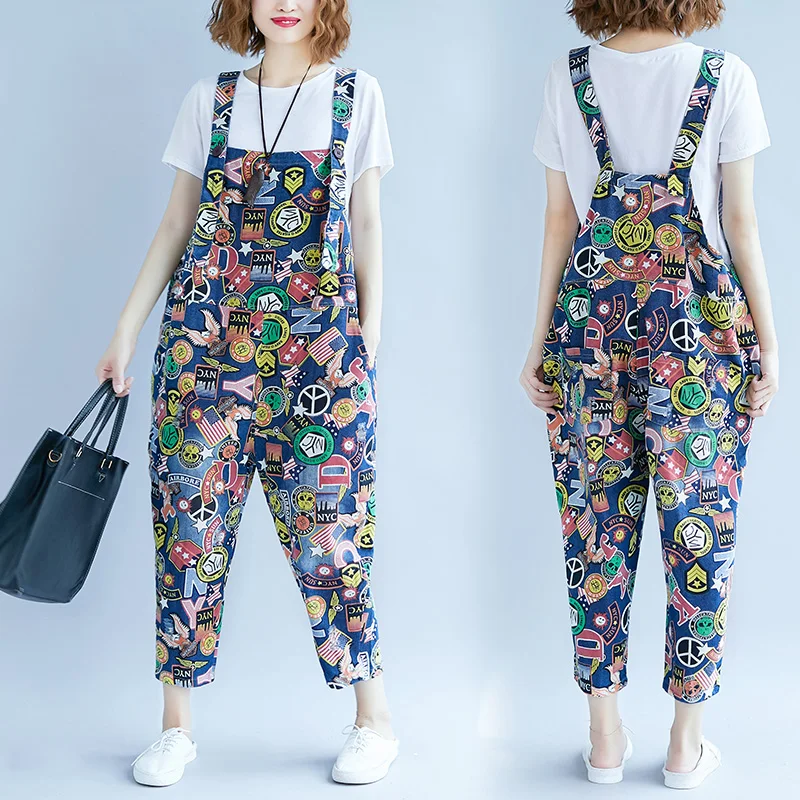 Женский джинсовый комбинезон с принтом повседневный длинный шаровары