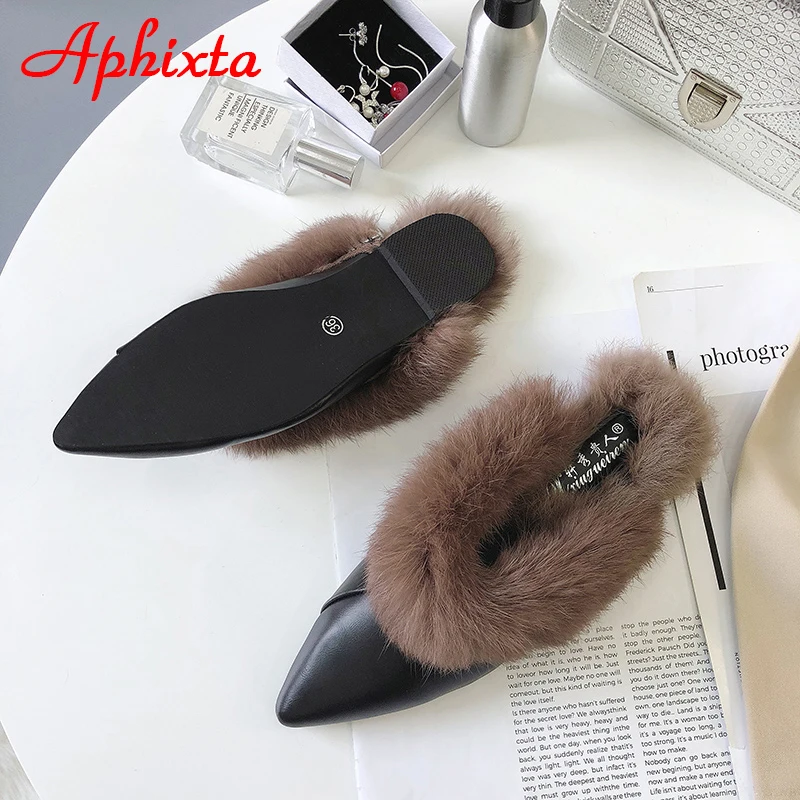 Aphixta/женские шлепанцы с острым носком; Коллекция года; обувь без задника с натуральным животным мехом; обувь с пряжкой; тапочки с натуральным мехом; женская обувь на меху