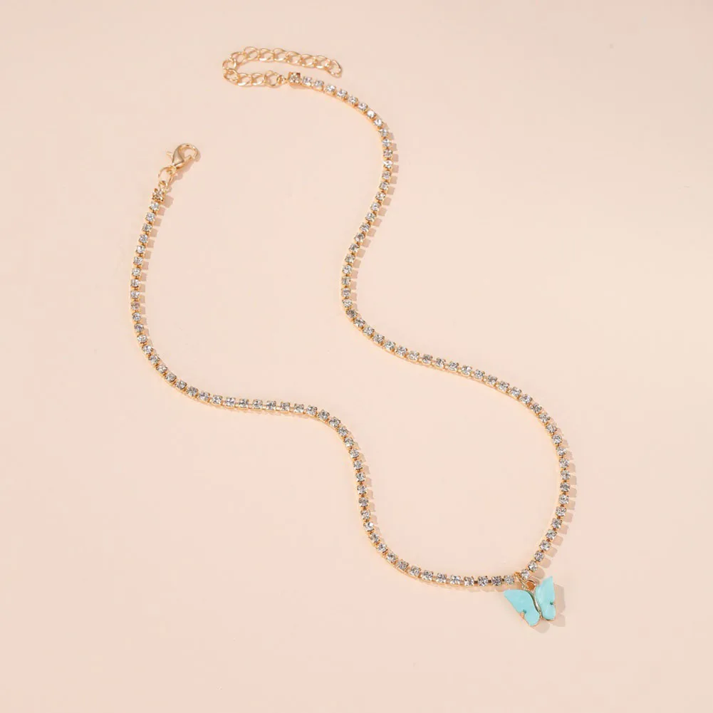 

Fashion Bling Crystal Chain Choker Necklace for Women Vintage Butterfly Necklace Collar White Pink Color Korean Jewelry